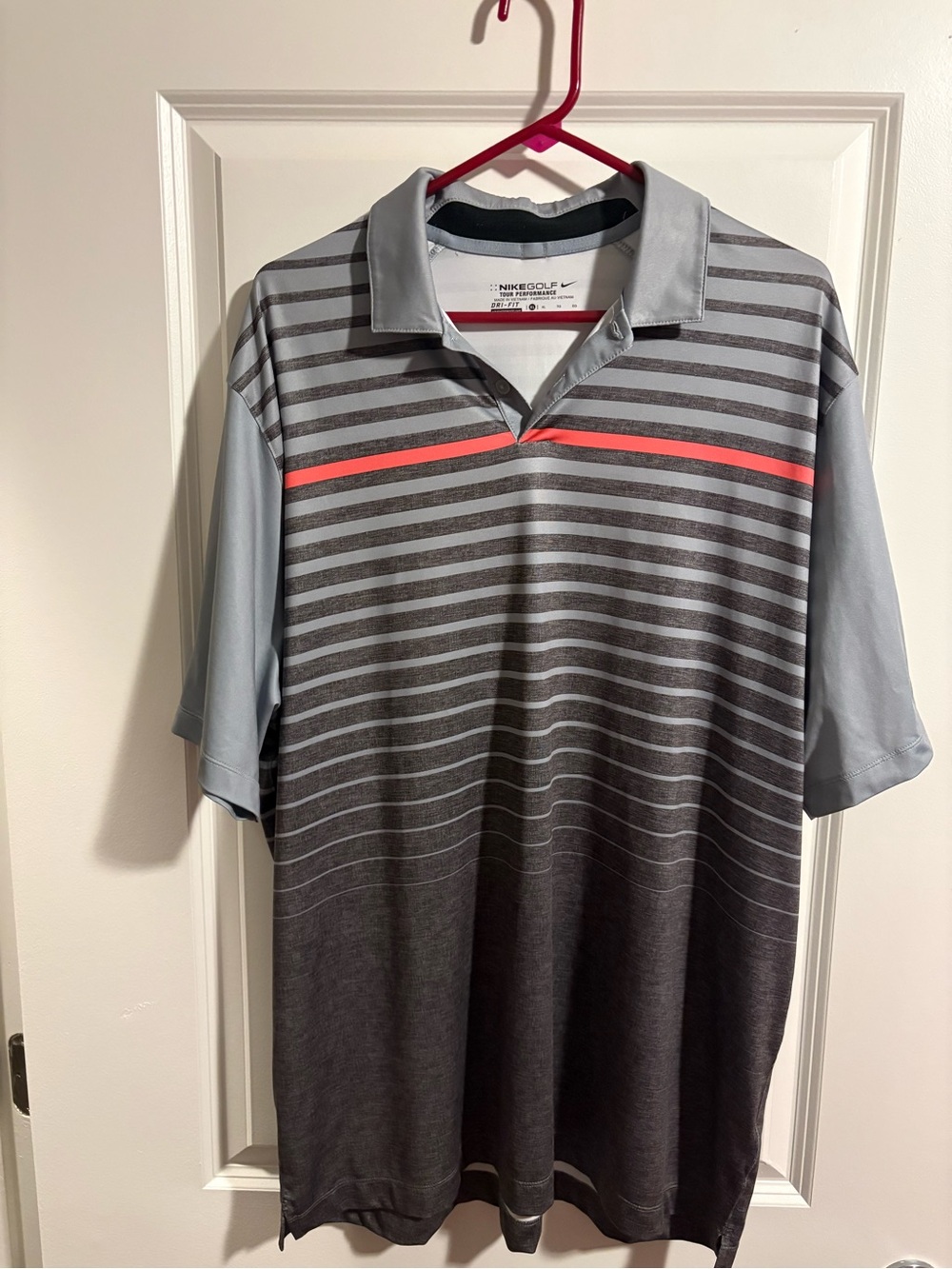 Nike Men’s Gray Striped Polo with Coral Chest Stripe